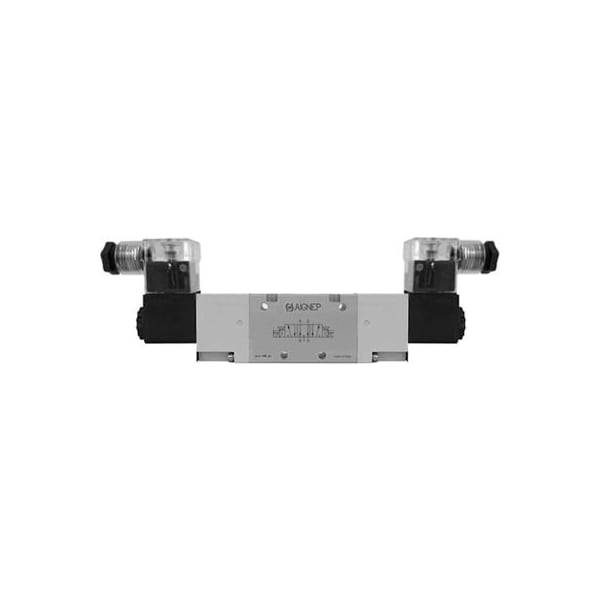 Alpha Technologies Aignep USA 5/3 Dbl Solenoid Vlv, Ext Pilot, Open Cntr, Spr Cntred, 1/4 NPTF, 110V AC/5VA Coil, LED 01VA07OC03N0502 - main
